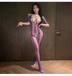 FEE ET MOI - Seductive Jacquard Hollow Open-crotch Bodystocking (Purple)
